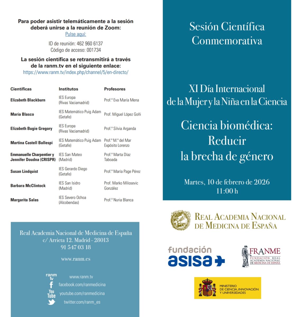 La Fundación ASISA patrocina la Sesión Científica Conmemorativa por el XI Día Internacional de la Mujer y la Niña en la Ciencia