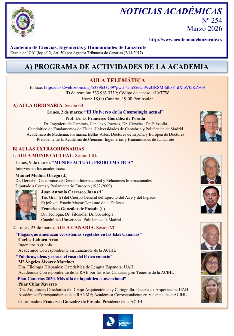 Programa de actividades Marzo 2026 de la Academia de Ciencias, Ingenierías y Humanidades de Lanzarote.