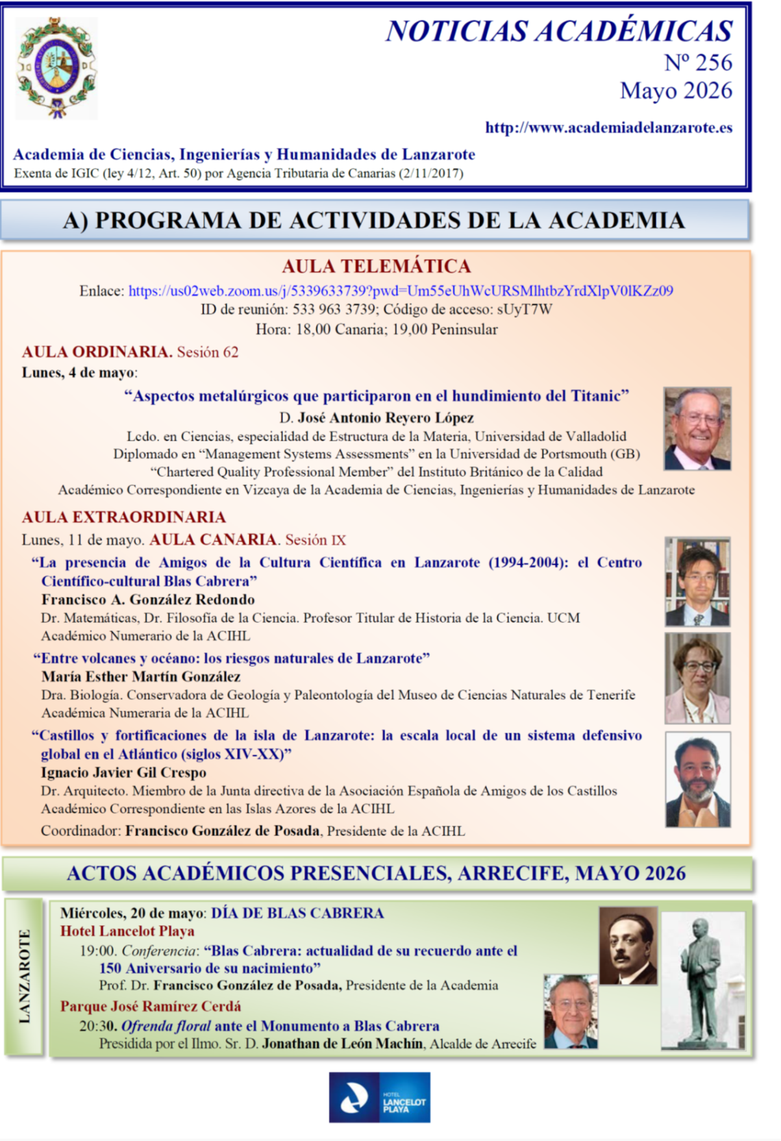 Programa de actividades Mayo 2026 de la Academia de Ciencias, Ingenierías y Humanidades de Lanzarote.