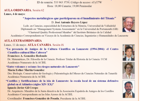 Programa de actividades Mayo 2026 de la Academia de Ciencias, Ingenierías y Humanidades de Lanzarote.