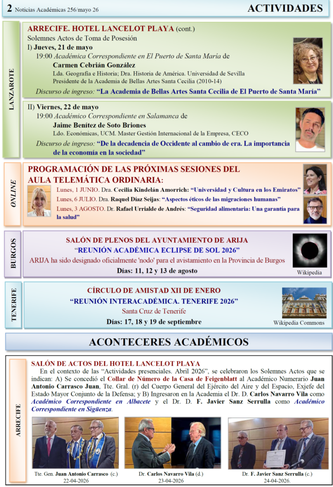 Programa de actividades Mayo 2026 de la Academia de Ciencias, Ingenierías y Humanidades de Lanzarote.